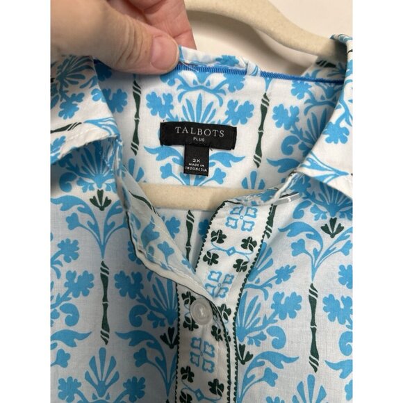 Talbots Plus Blue White Long Sleeve Geometric Button Down Shirt Cotton Size 2X - Picture 3 of 10